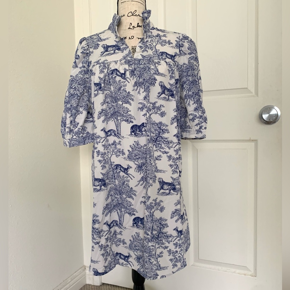 Boutique Vintage Blue White Toile Shift Dress